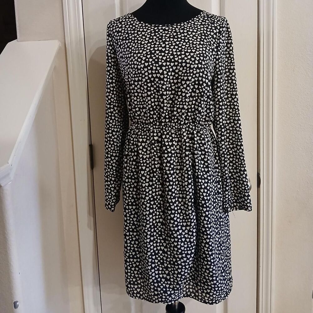 J.Crew black/white heart print long sleeve tulip hem dress 6 romantic Valentine